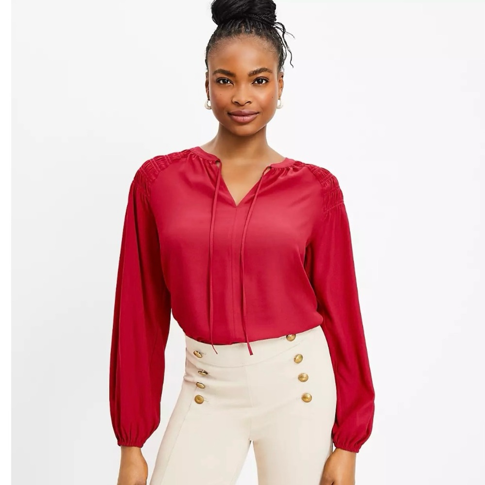 Loft - Smocked Shoulder Tie Neck Blouse